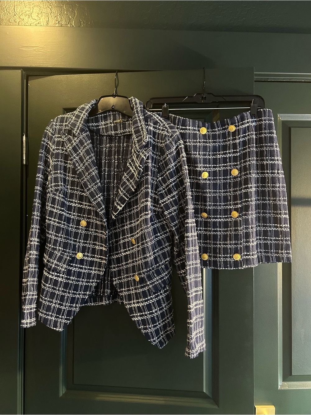 Navy Plaid Tweed Jacket & Skirt Set with Gold Buttons